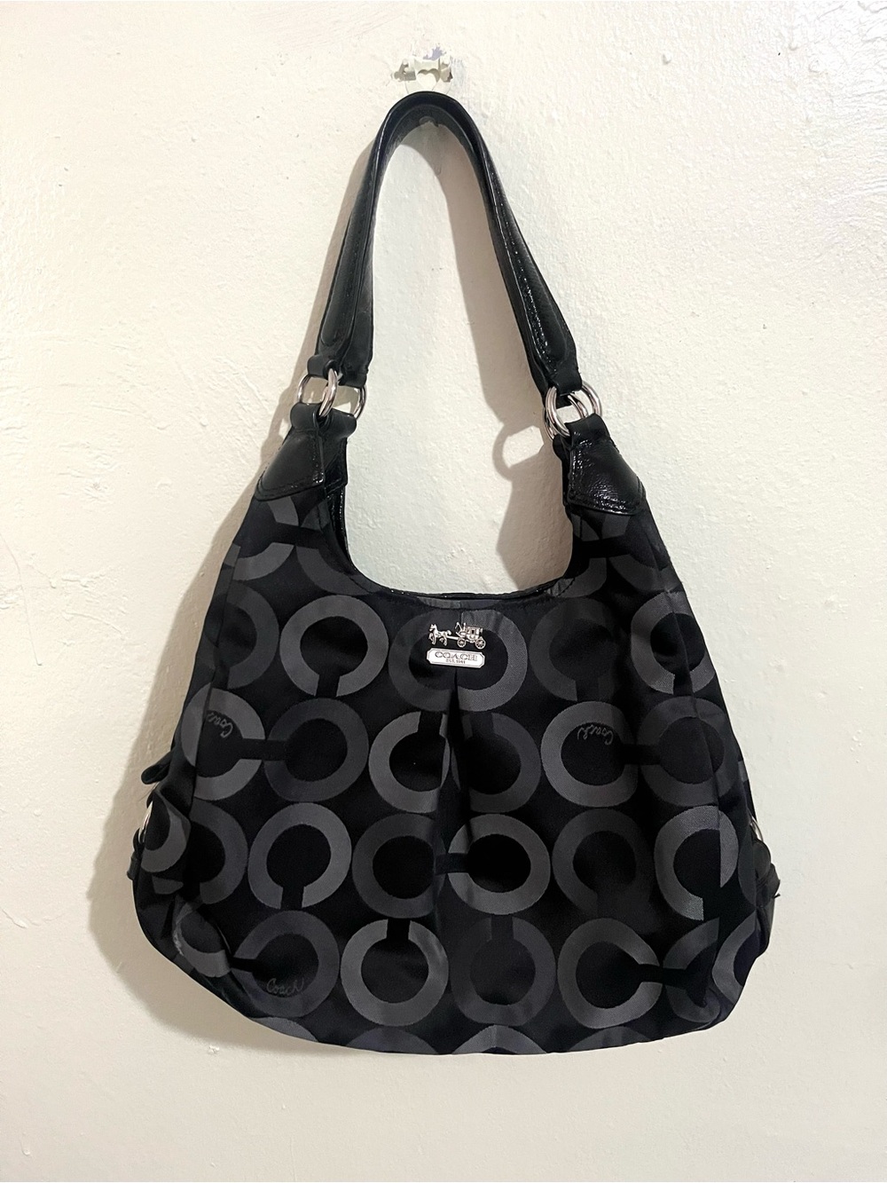 Vintage Coach Y2K Archive OP Art Maggie Hobo Bag Black Canvas Teal Satin